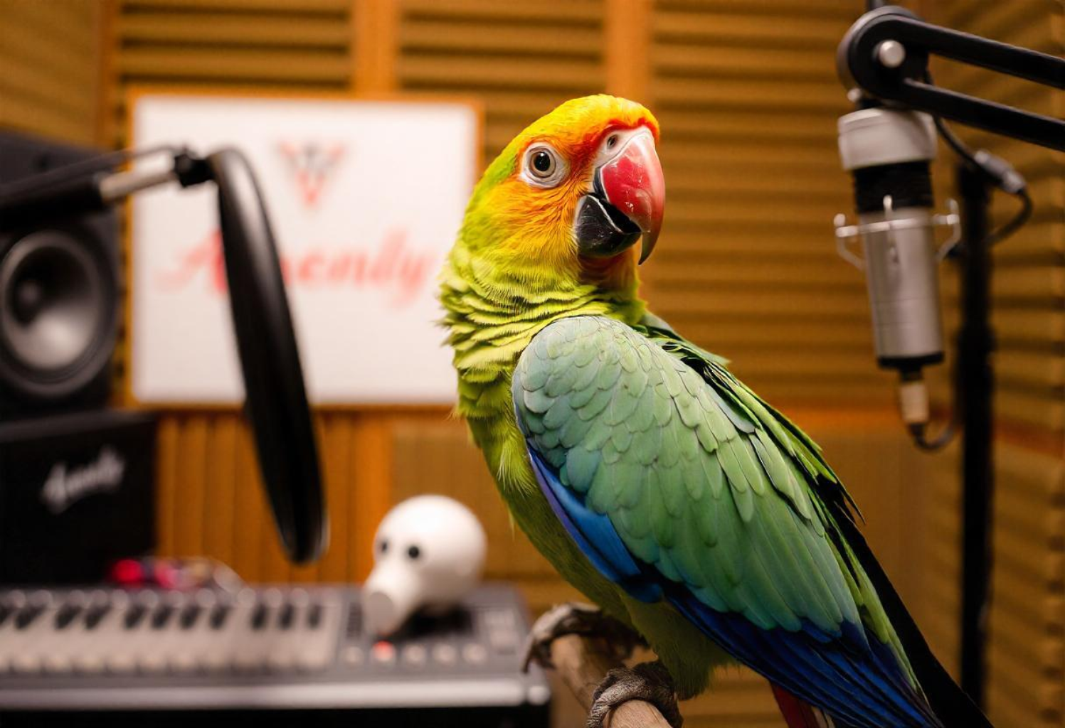 Pikaso texttoimage a parrot in a parrot in a recording booth