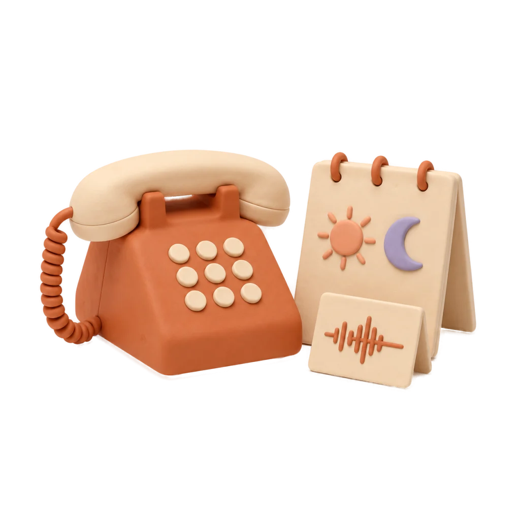 Telefon, Kalender und Sprach-Nachrichtenkarte als handgeformte Clay-Miniatur