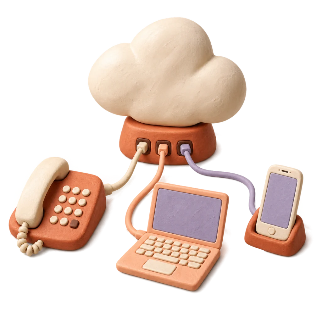 Cloud-Hub und drei verbundene Endgeräte als handgeformte Clay-Miniatur