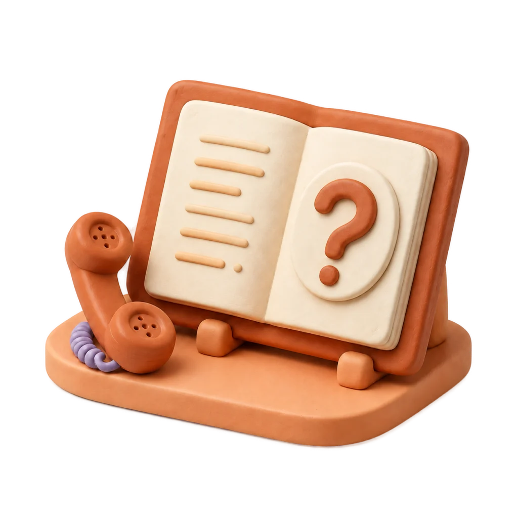 Handbuch, Fragezeichen und Hörmuschel als handgeformte Clay-Miniatur