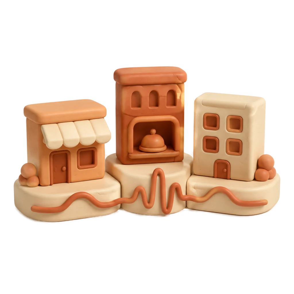 Drei Branchenminiaturen mit verbindender Audio-Linie als handgeformte Clay-Miniatur