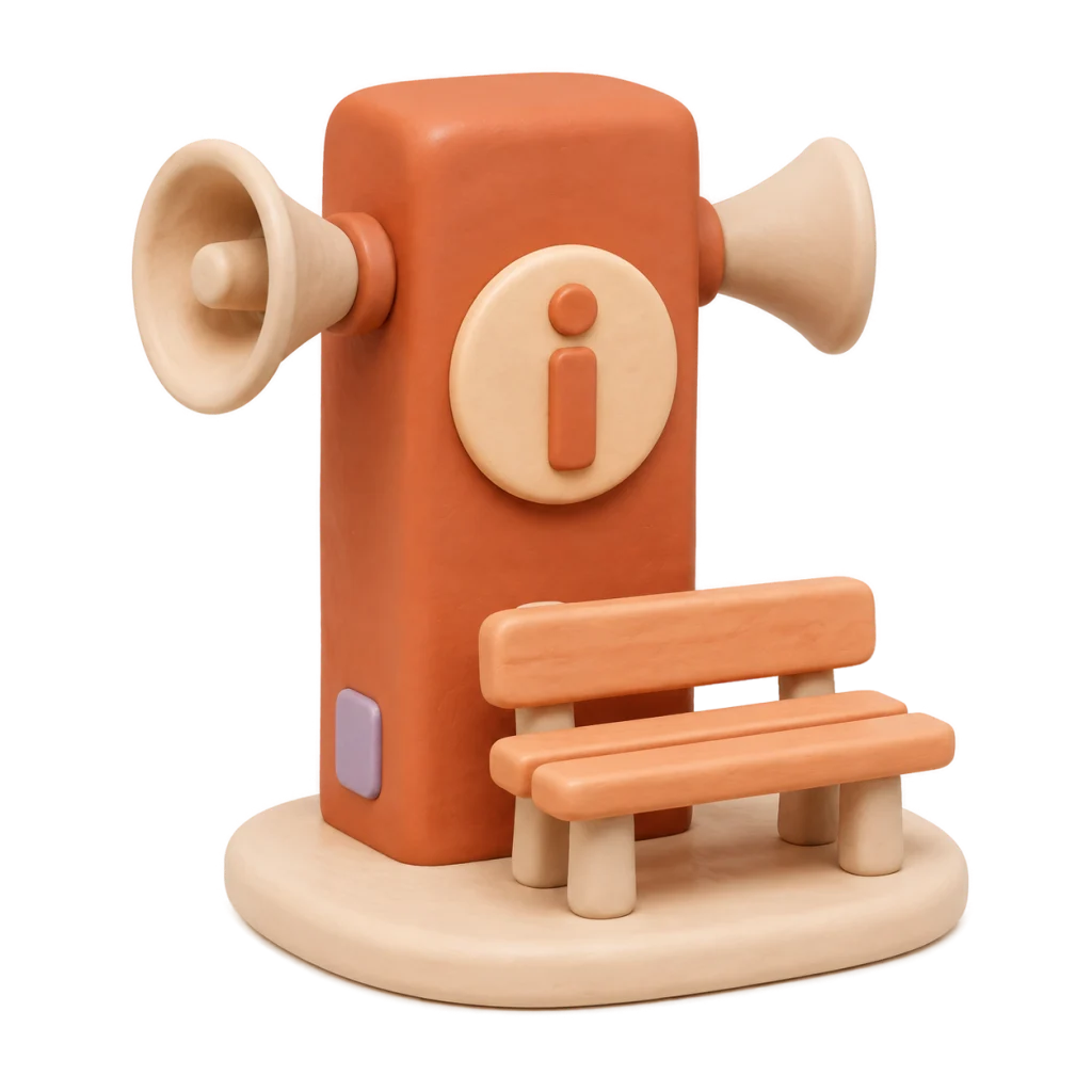 Informationssäule mit Lautsprechern und Bank als handgeformte Clay-Miniatur