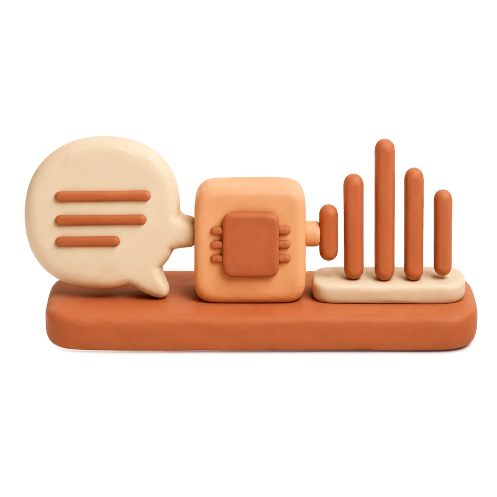 Text-Sprechblase, Chip-Wandler, Audio-Welle als handgeformte Clay-Miniatur