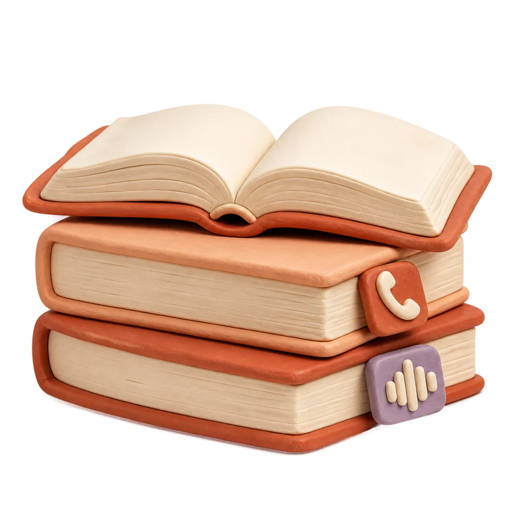 Drei warme Nachschlagebücher mit Audio-/Telefon-Tabs als handgeformte Clay-Miniatur