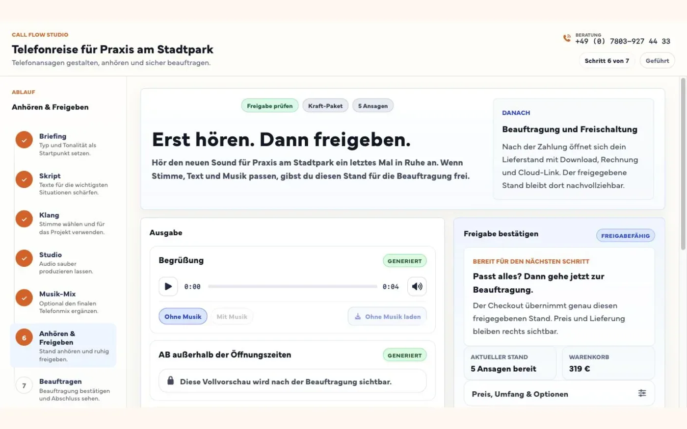 Review-Ansicht mit Telefonansagen und Freigabestatus