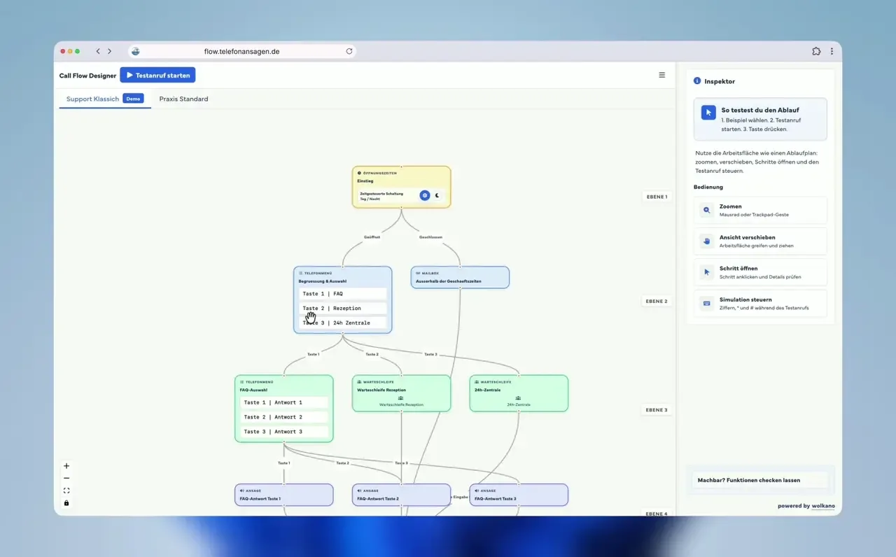 Simulation eines Callflows mit Auswahlmenü und mehreren Routen