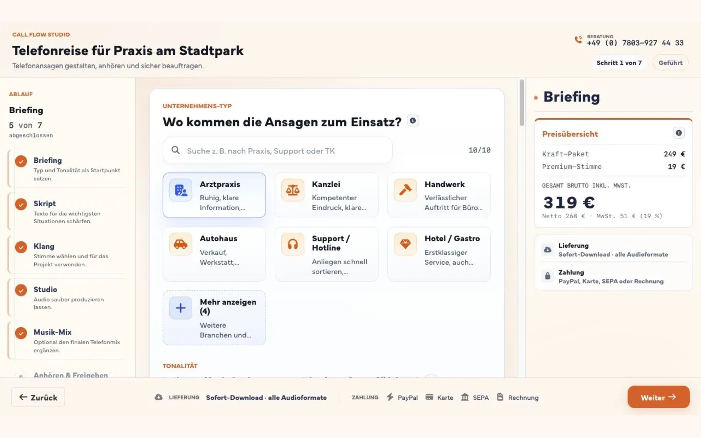 Screenshot: Der Bedarfscheck wird im Call Flow Studio übernommen